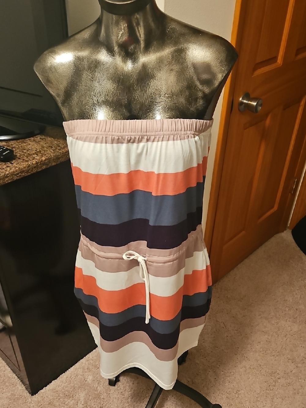 Striped Strapless Drawstring Summer Dress - Pink/Coral/greyish Blue